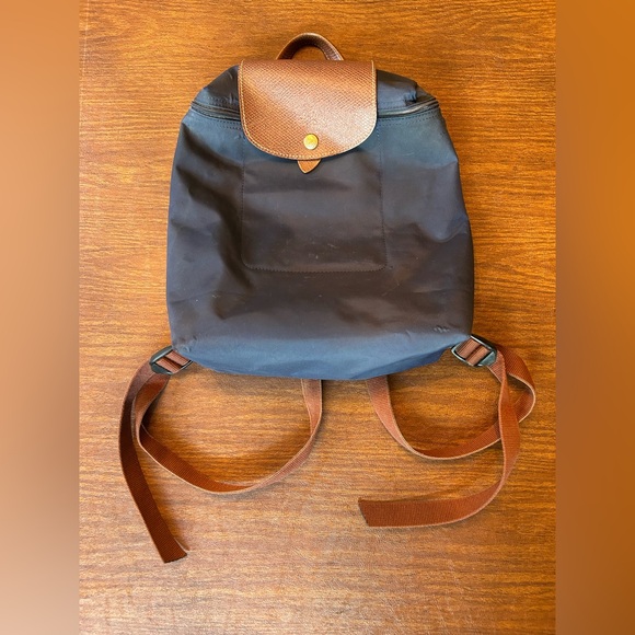Navy Blue Women’s Longchamp Le Piliage Backpack With Brown Leather Flap - Picture 1 of 12